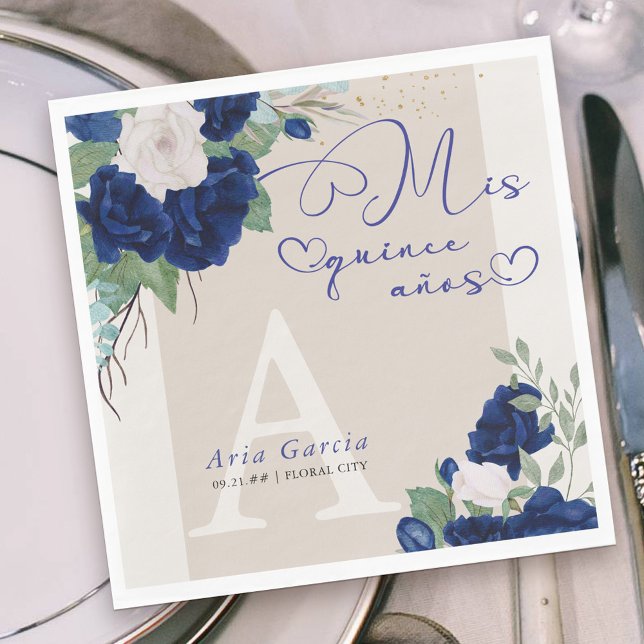 Mis Quince Anos Royal Blue Ivory Floral Monogram Napkins (Monogrammed Mis Quince Anos party napkins with sweet calligraphy and blue and ivory rose blooms)