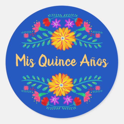 Mis Quince Anos Royal Blue Mexican Fiesta Flowers Classic Round Sticker