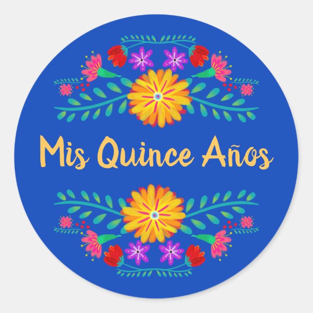 Mis Quince Anos Royal Blue Mexican Fiesta Flowers Classic Round Sticker (Front)