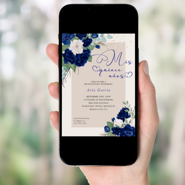 Mis Quince Anos Royal Blue Navy Floral Quinceanera Invitation (Front Digital)