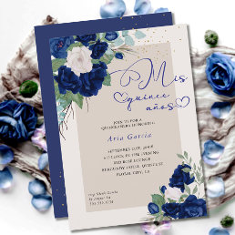 Mis Quince Anos Royal Blue Navy Floral Quinceanera Invitation