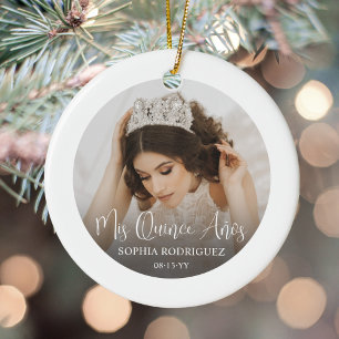 Mis Quince Años White Script Quinceañera 2 Photo Ceramic Ornament