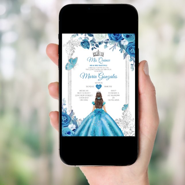 Mis Quince Aqua Teal Floral Crown Quinceañera Invitation (Front Digital)