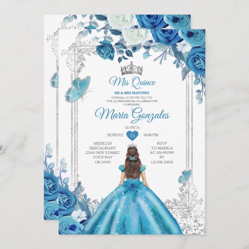 Mis Quince Aqua Teal Floral Crown Quinceaera Invitation