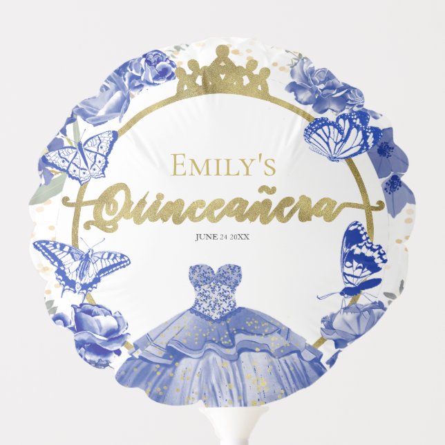 Mis Quince Balloon Royal Blue Dress Floral Gold (Front)