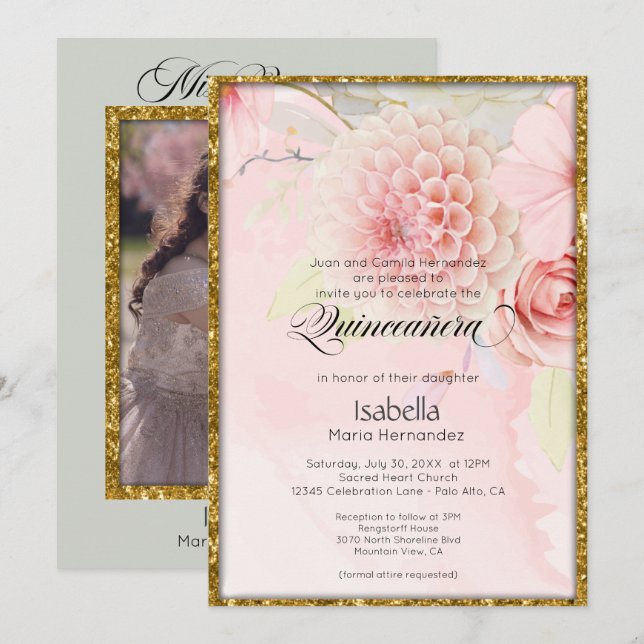  Mis Quince Beautiful Pastel Pink Flowers Invitation (Front/Back)