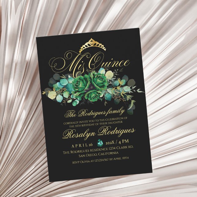 Mis Quince black floral green 15th Birthday Invitation (Creator Uploaded)