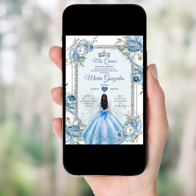 Mis Quince Blue Floral Silver Crown Quinceañera Invitation (Front Digital)