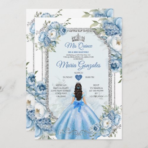 Mis Quince Blue Floral Silver Crown Quinceaera Invitation