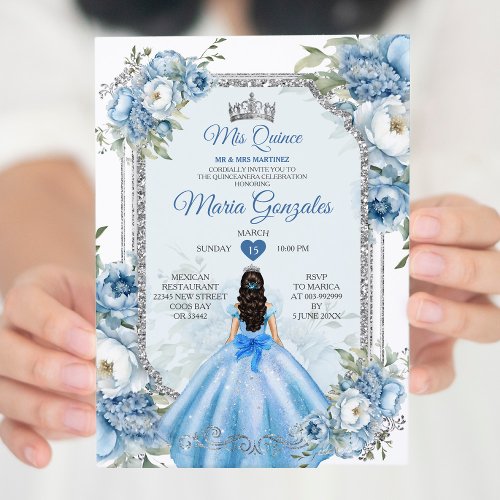 Mis Quince Blue Floral Silver Crown Quinceaera Invitation