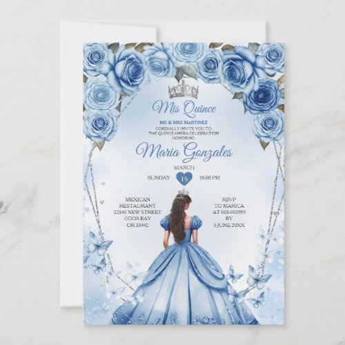 Mis Quince Blue Floral Silver Crown Quinceaera Invitation