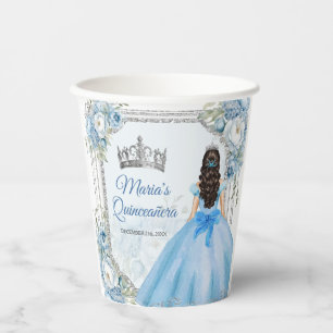 Mis Quince Blue Floral Silver Crown Quinceañera Paper Cups