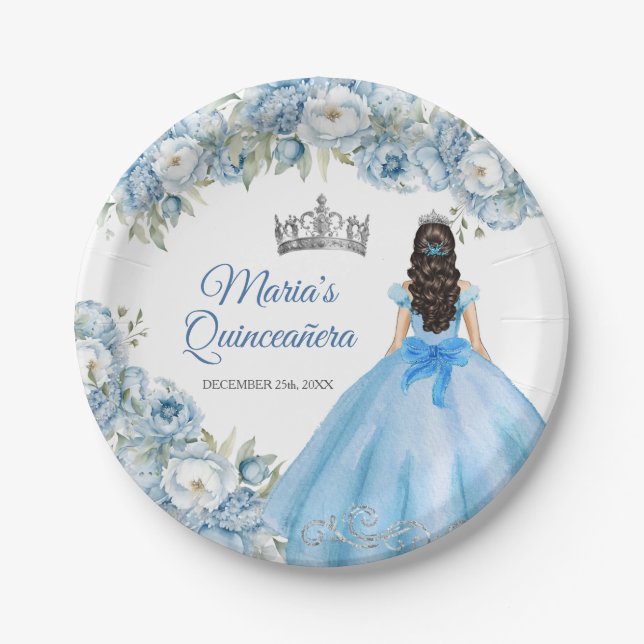 Mis Quince Blue Floral Silver Crown Quinceañera Paper Plates (Front)
