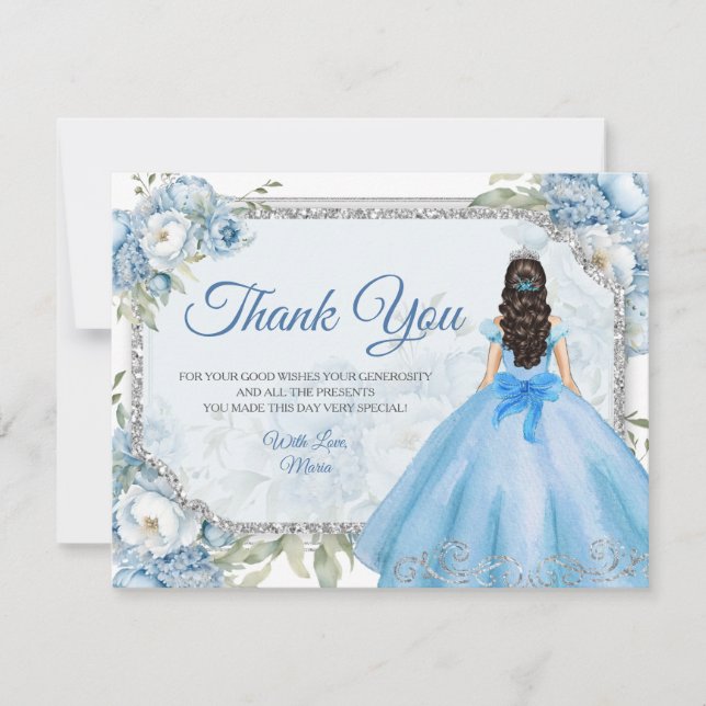 Mis Quince Blue Floral Silver Crown Quinceañera Thank You Card (Front)