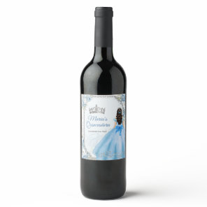 Mis Quince Blue Floral Silver Crown Quinceañera Wine Label