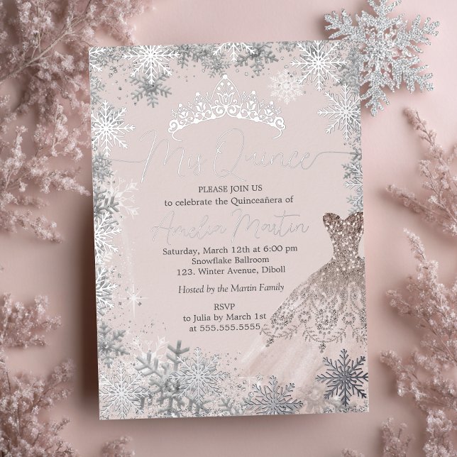 Mis Quince Blush Winter Snowflake Quinceanera Foil Invitation (Creator Uploaded)
