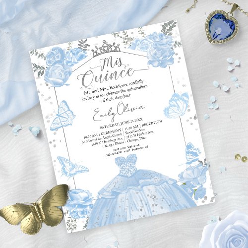 Mis Quince Budget Invitation Bilingual Dusty Blue