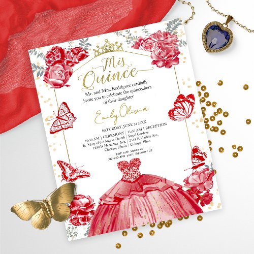 Mis Quince Budget Invitation Bilingual Red Floral
