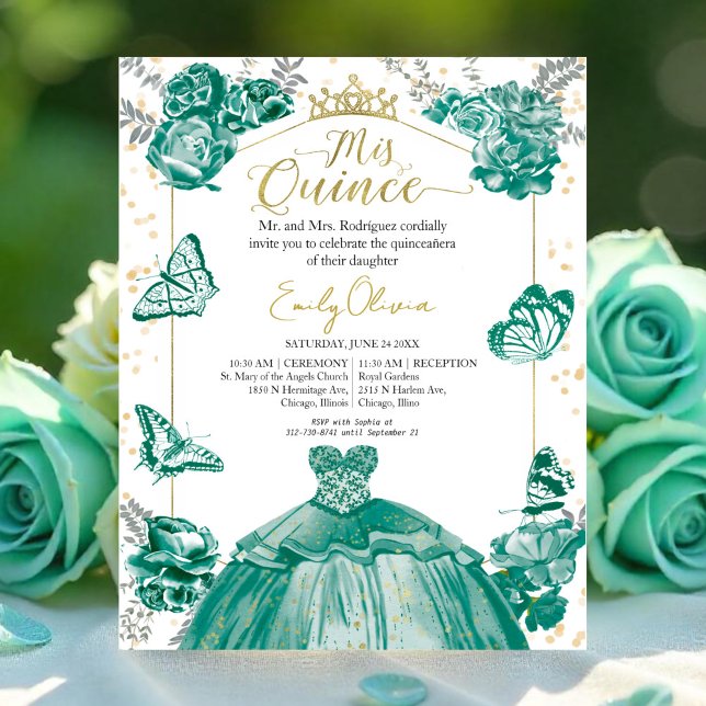 Mis Quince Budget Invitation Emerald Green Dress (Creator Uploaded)