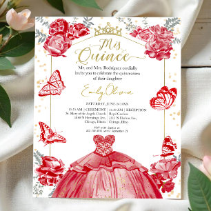 Mis Quince Budget Invitation Red Dress Floral