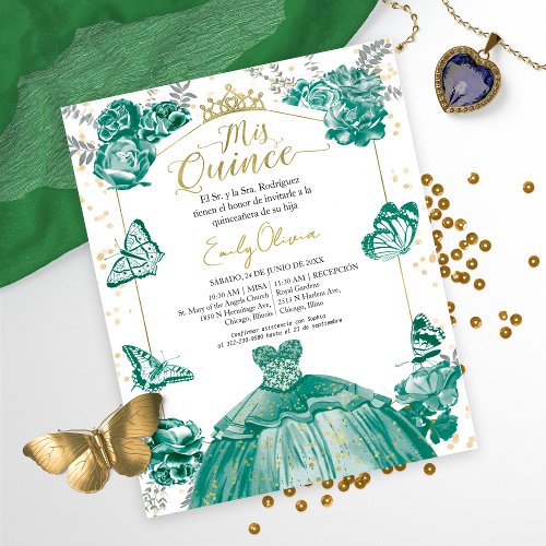 Mis quince Budget Invitation Spanish Emerald Green