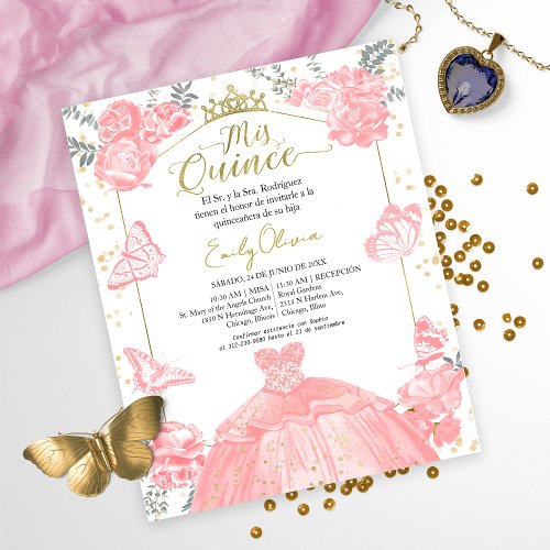 Mis quince Budget Invitation Spanish Pink Floral