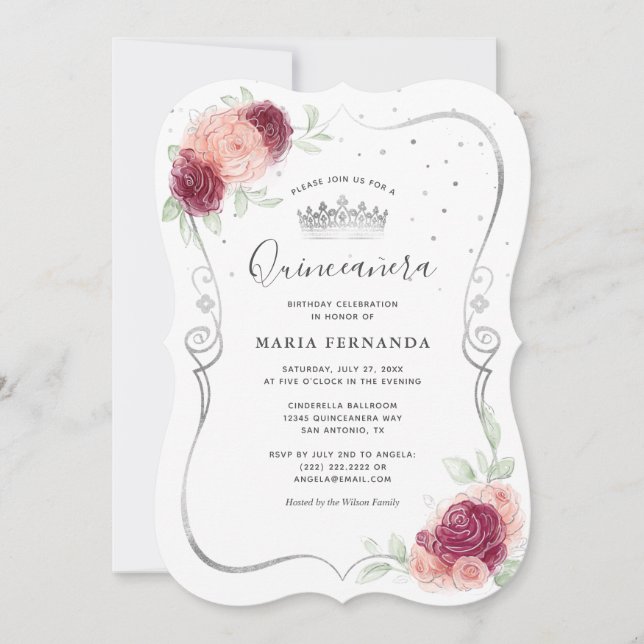 Mis Quince Burgundy Blush and Silver Quinceanera Invitation (Front)