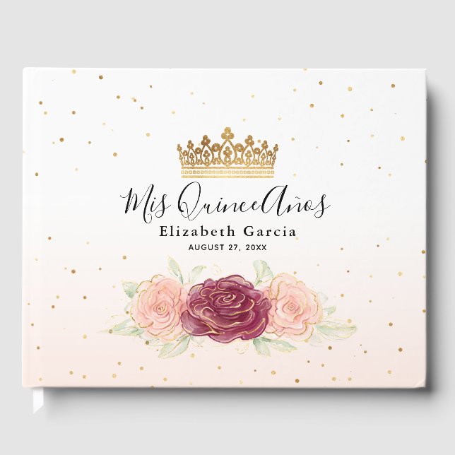 Mis Quince Burgundy Blush Gold Floral Quinceanera  Guest Book (Front)