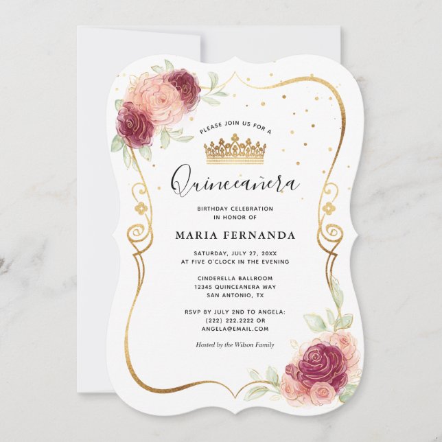 Mis Quince Burgundy Blush Gold Floral Quinceanera Invitation (Front)