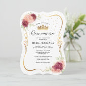 Mis Quince Burgundy Blush Gold Floral Quinceanera Invitation (Standing Front)