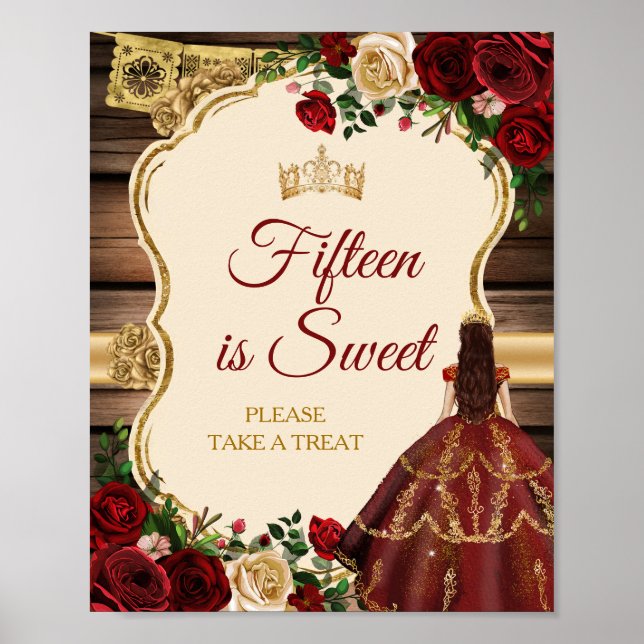 Mis Quince Burgundy Floral Rustic 15th is Sweet Poster (Front)