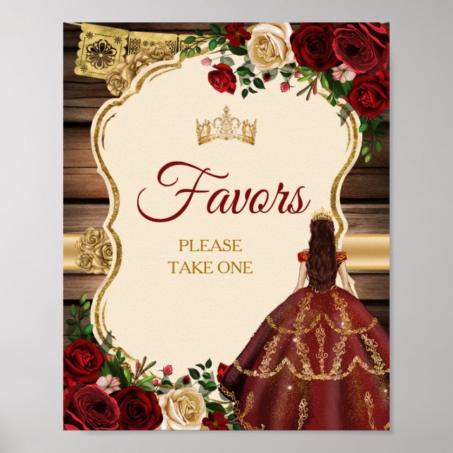 Mis Quince Burgundy Floral Rustic Favors Poster (Front)