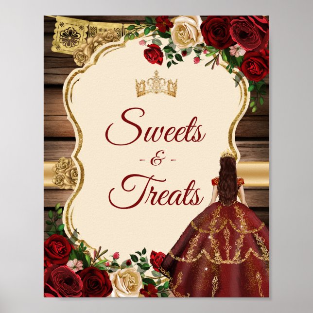 Mis Quince Burgundy Floral Rustic Sweet Treats Poster (Front)