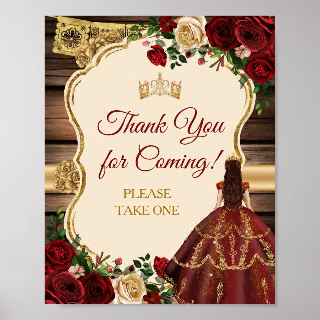 Mis Quince Burgundy Floral Rustic Thank You Sign (Front)