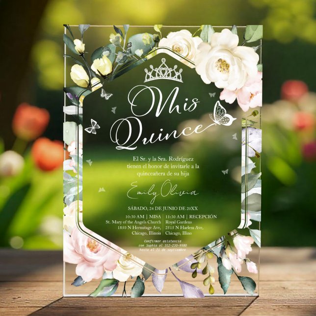 Mis Quince | Butterfly Floral Quinceañera Spanish Acrylic Invitations (Creator Uploaded)