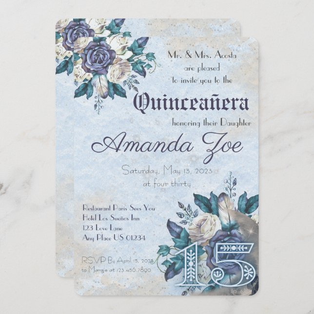 Mis Quince Dusty Blue Floral invitation (Front/Back)