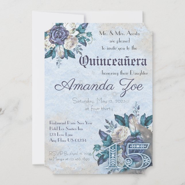 Mis Quince Dusty Blue Floral invitation (Front)