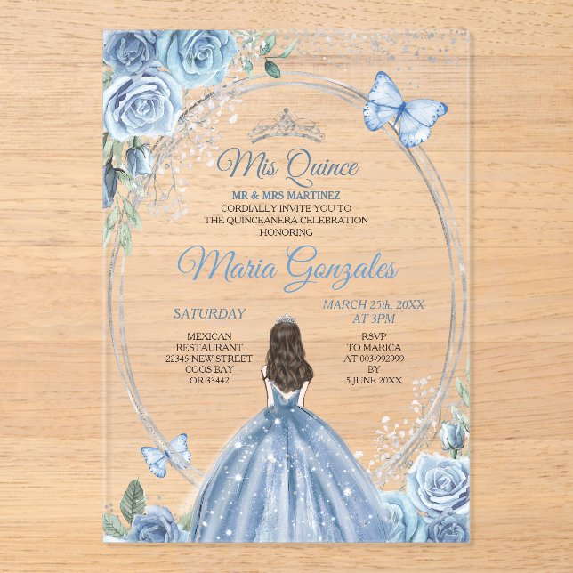 Mis Quince Dusty Blue & Silver Floral Quinceañera Acrylic Invitations (Front)