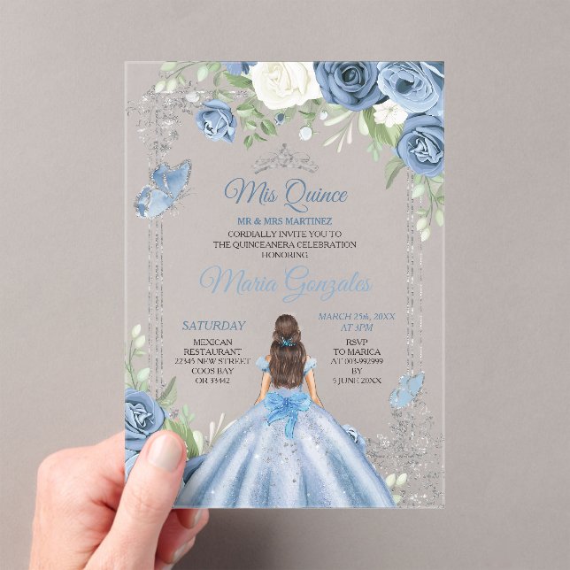Mis Quince Dusty Blue & Silver Floral Quinceañera Acrylic Invitations (Insitu (Handheld))