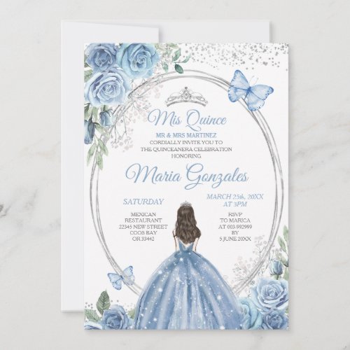 Mis Quince Dusty Blue  Silver Floral Quinceaera Invitation