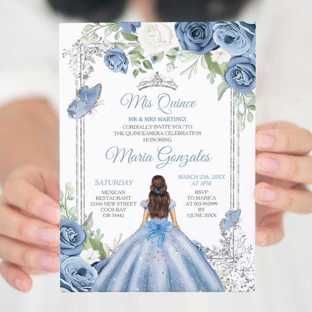 Mis Quince Dusty Blue & Silver Floral Quinceañera Invitation (Creator Uploaded)