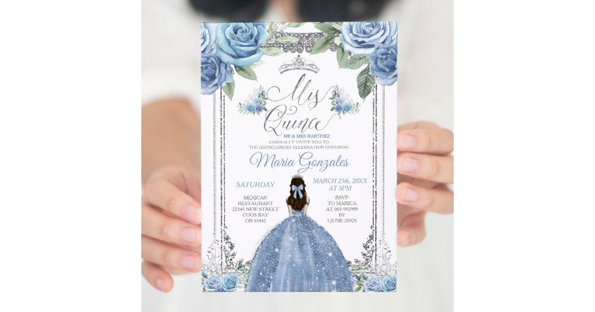 Mis Quince Dusty Blue & Silver Floral Quinceañera Invitation