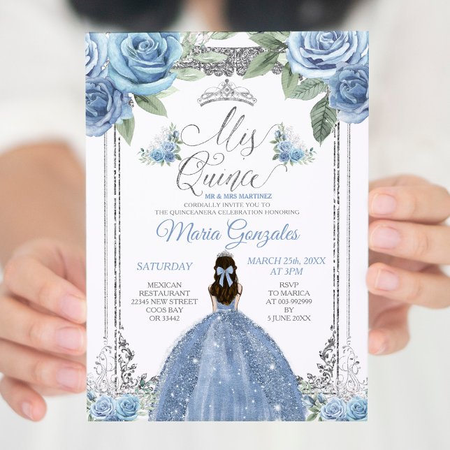 Mis Quince Dusty Blue & Silver Floral Quinceañera Invitation (Creator Uploaded)