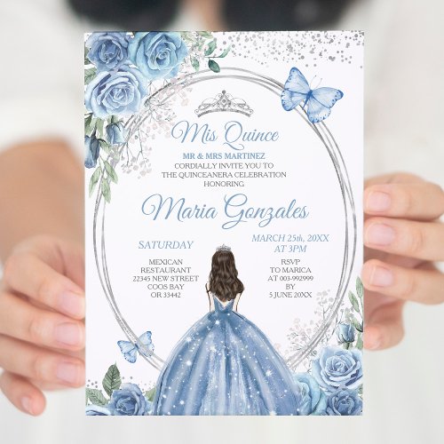 Mis Quince Dusty Blue  Silver Floral Quinceaera Invitation