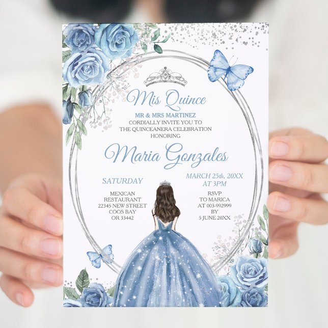 Mis Quince Dusty Blue & Silver Floral Quinceañera Invitation (Creator Uploaded)