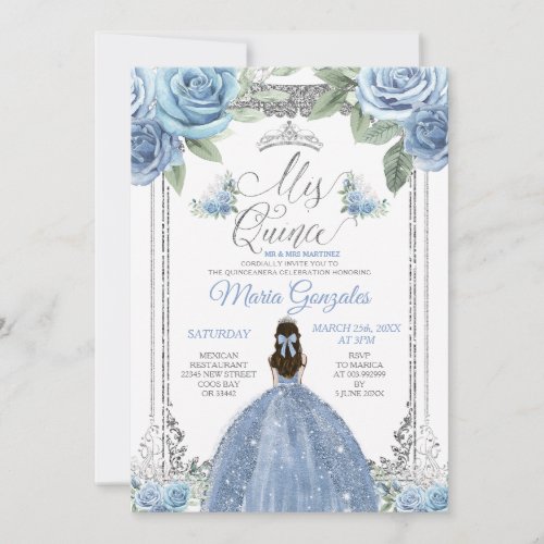 Mis Quince Dusty Blue  Silver Floral Quinceaera Invitation