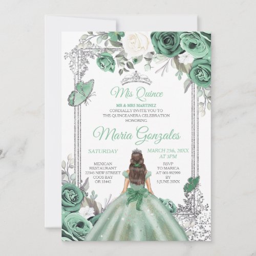 Mis Quince Dusty Green  Silver Floral Quinceanera Invitation