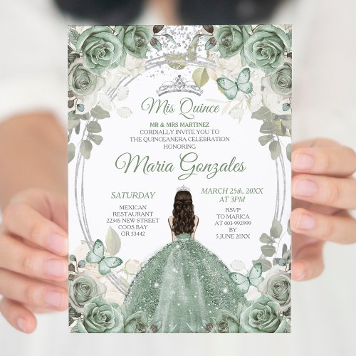 Mis Quince Dusty Green  Silver Floral Quinceaera Invitation