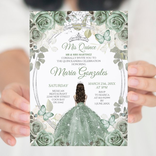 Mis Quince Dusty Green & Silver Floral Quinceañera Invitation (Creator Uploaded)