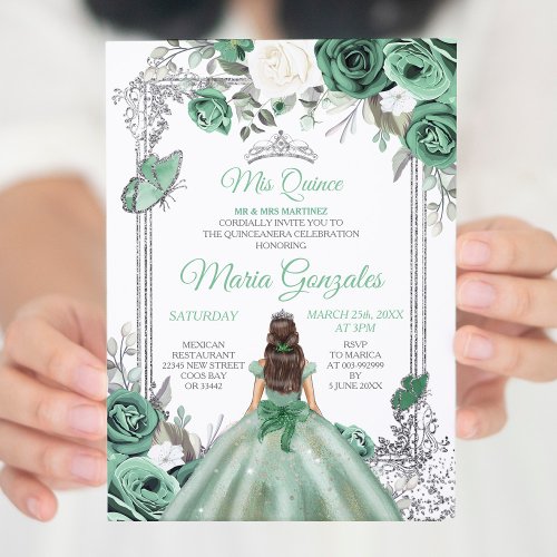 Mis Quince Dusty Green  Silver Floral Quinceanera Invitation